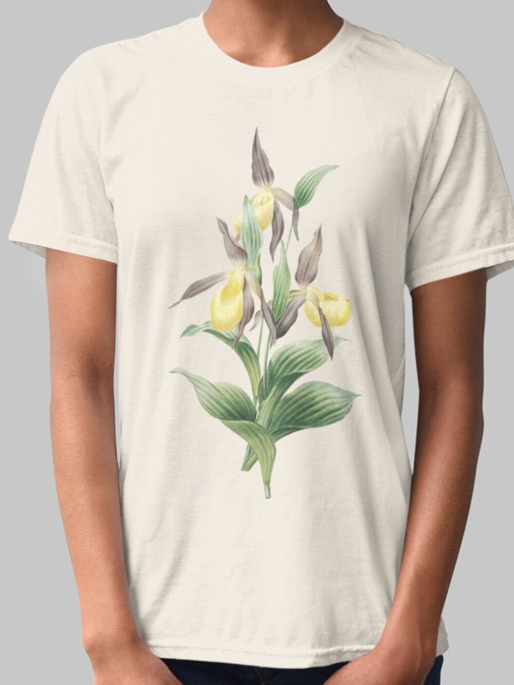 Yellow Lady's Slipper VTG Floral Print Short Sleeve Graphic Tee T-shirt S-XXL